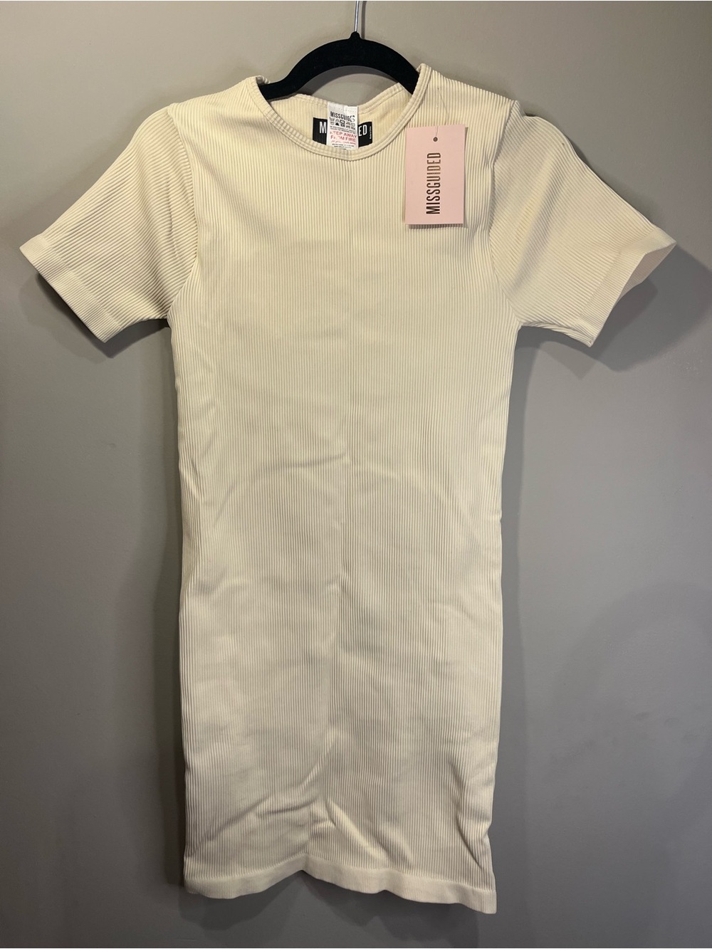 Missguided Ribbed Short Sleeve Mini Dress - Cream